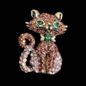 Cat Pink w/ Green Eyes Pin Brooch Multicolored Crystal - New